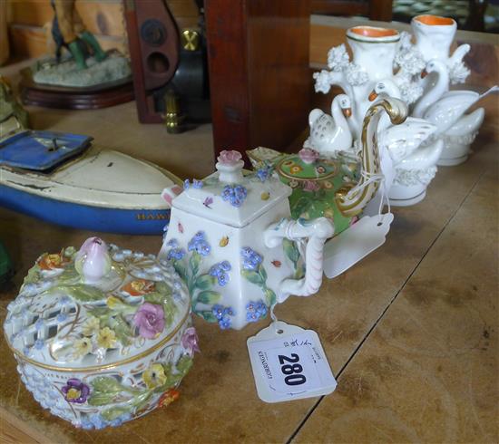 3 flower-encrusted miniature porcelain items & a pair of Staffordshire swan spill vases